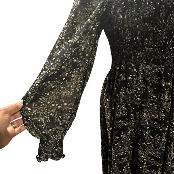 O.P.T. Black Floral Smocked Maxi Dress Whimsigoth Fairy Cottagecore Med Womens - Picture 3 of 14